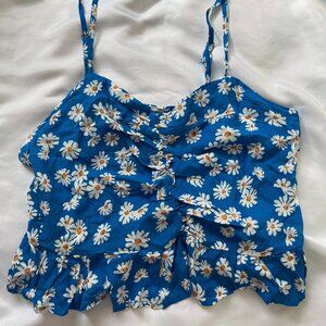 Blue Daisy Floral Print Ruched Ruffle Hem Cami Top